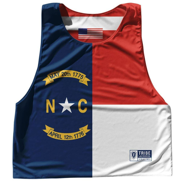 North Carolina State Flag and American Flag Reversible Lacrosse Pinnie Made In USA - Blue White & Red