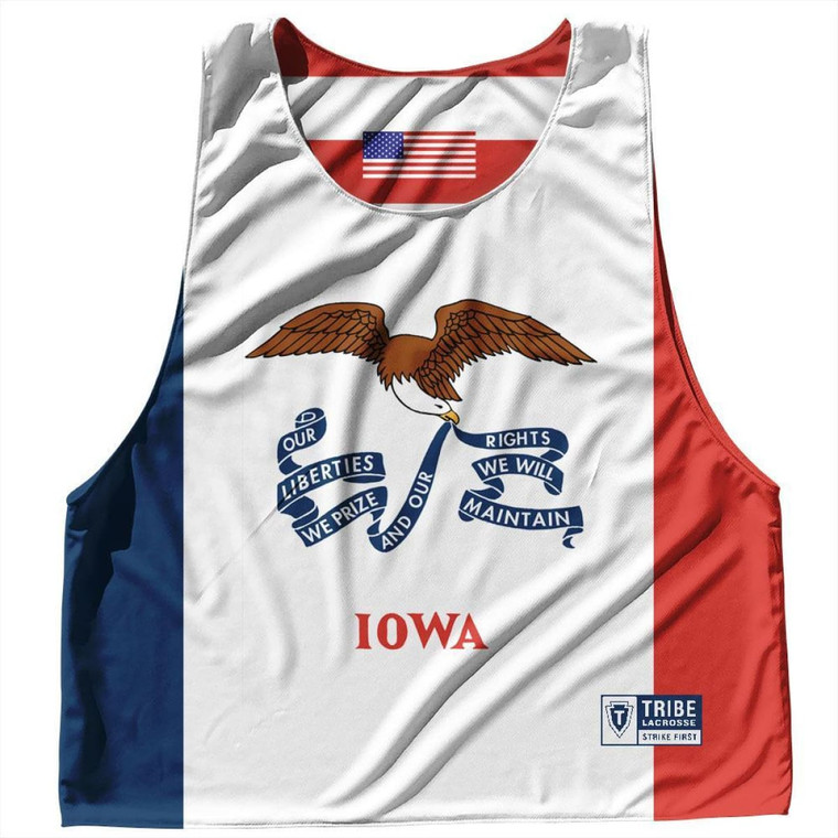 Iowa State Flag and American Flag Reversible Lacrosse Pinnie Made In USA - Blue White & Red