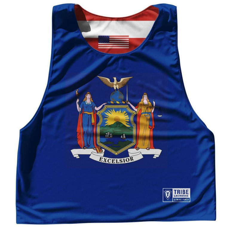 New York State Flag and American Flag Reversible Lacrosse Pinnie Made In USA - Royal Blue