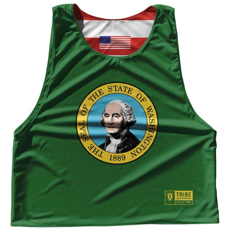 Washington State Flag and American Flag Reversible Lacrosse Pinnie Made In USA - Green