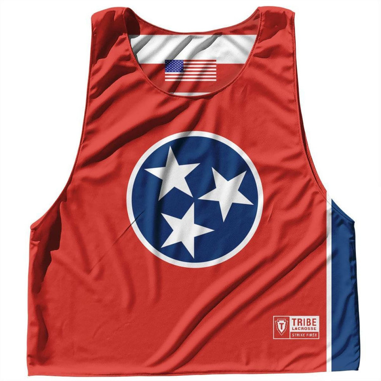 Tennessee State Flag and American Flag Reversible Lacrosse Pinnie Made In USA - Blue Red & White