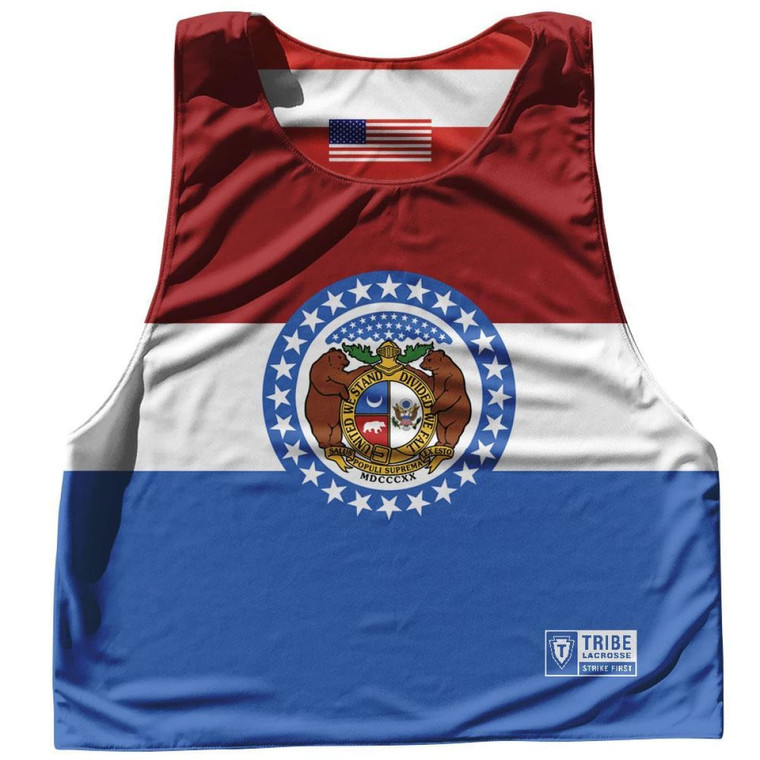 Missouri State Flag and American Flag Reversible Lacrosse Pinnie Made in USA - Blue White & Red