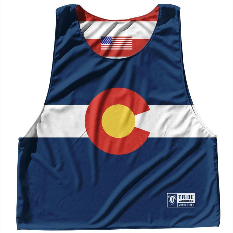 Colorado State Flag and American Flag Reversible Lacrosse Pinnie Made In USA - Blue & White