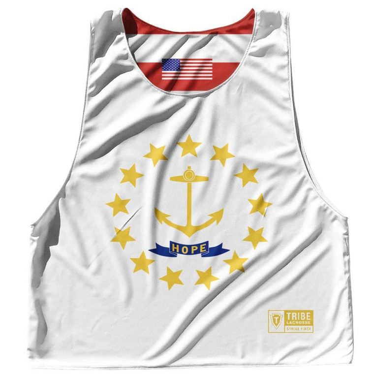 Rhode Island State Flag and American Flag Reversible Lacrosse Pinnie Made In USA - White & Yellow