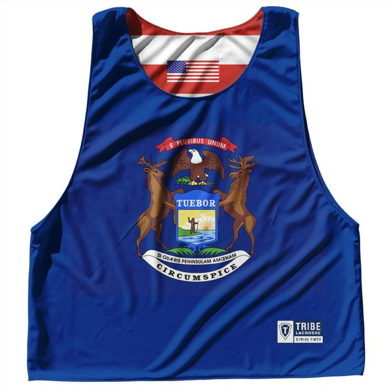 Michigan State Flag and American Flag Reversible Lacrosse Pinnie Made In USA - Royal Blue