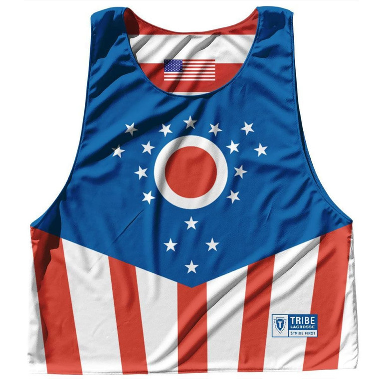 Ohio State Flag and American Flag Reversible Lacrosse Pinnie Made In USA - Blue White & Red