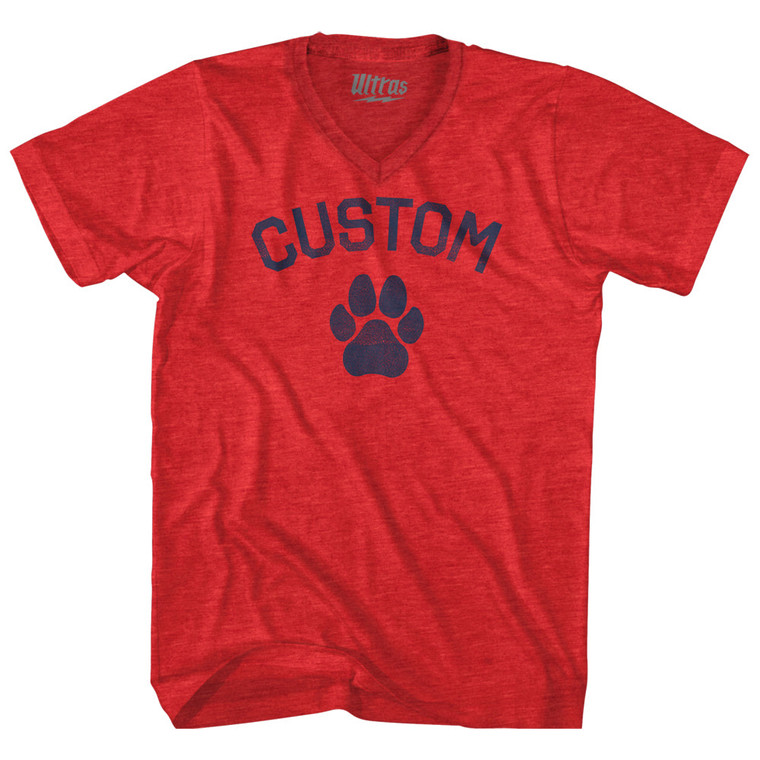 Custom Dog Paw Adult Tri-Blend V-neck T-shirt - Athletic Red