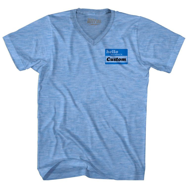 Hello My Name Is Small Chest Adult Tri-Blend V-neck T-shirt-Athletic Blue