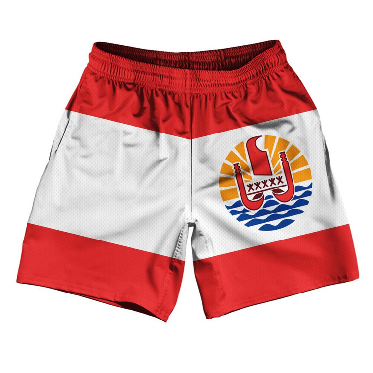 Tahiti Country Flag Athletic Running Fitness Exercise Shorts 7" Inseam Made In USA - White Red