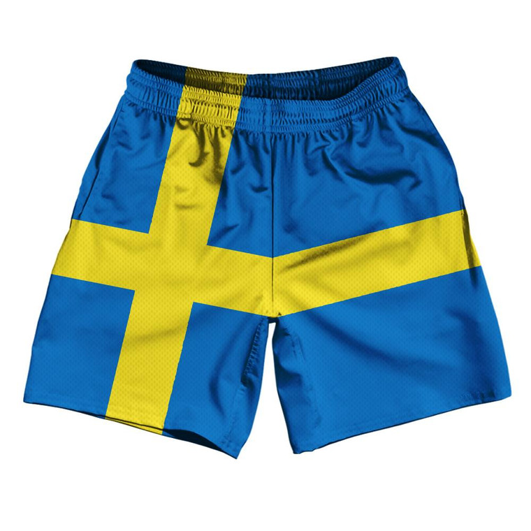 Sweden Country Flag Athletic Running Fitness Exercise Shorts 7" Inseam Made In USA - Blue Yellow