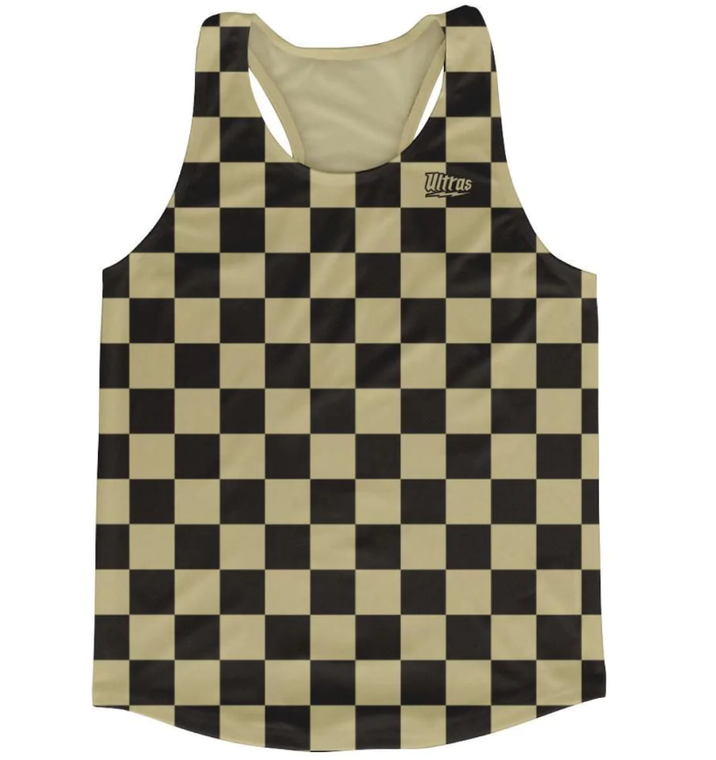 VEGAS GOLD & BLACK CHECKERBOARD RUNNING TANK TOP RACERBACK TRACK AND CROSS COUNTRY SINGLET JERSEY MADE IN USA Adult X-SMALL Final Sale t2