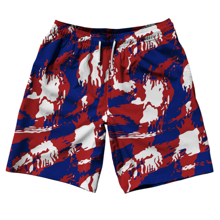 USA Red White and Blue Castle Camo 10" Swim Shorts Made in USA - Red White Blue