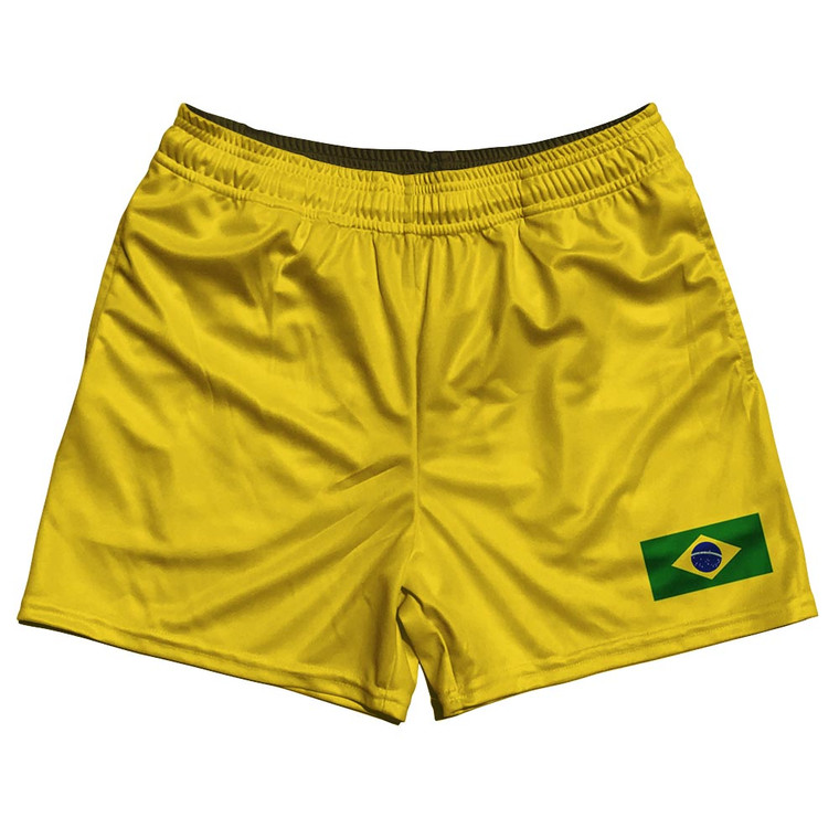 Brazil Country Heritage Flag Rugby Gym Short 5 Inch Inseam With Pockets Made In USA - Yellow