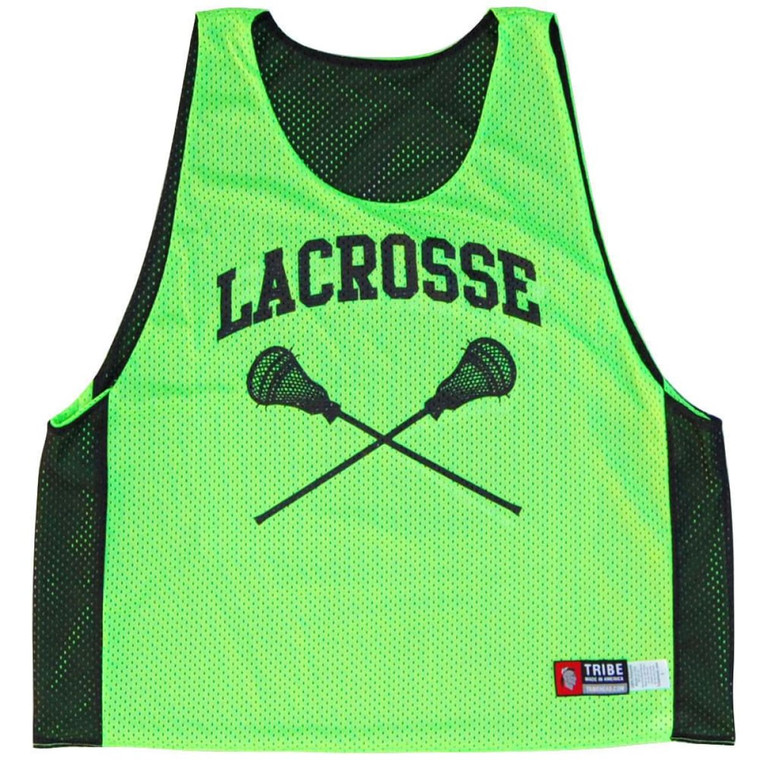 Lacrosse Crossed Sticks Pinnie Made In USA - Neon Green and Black