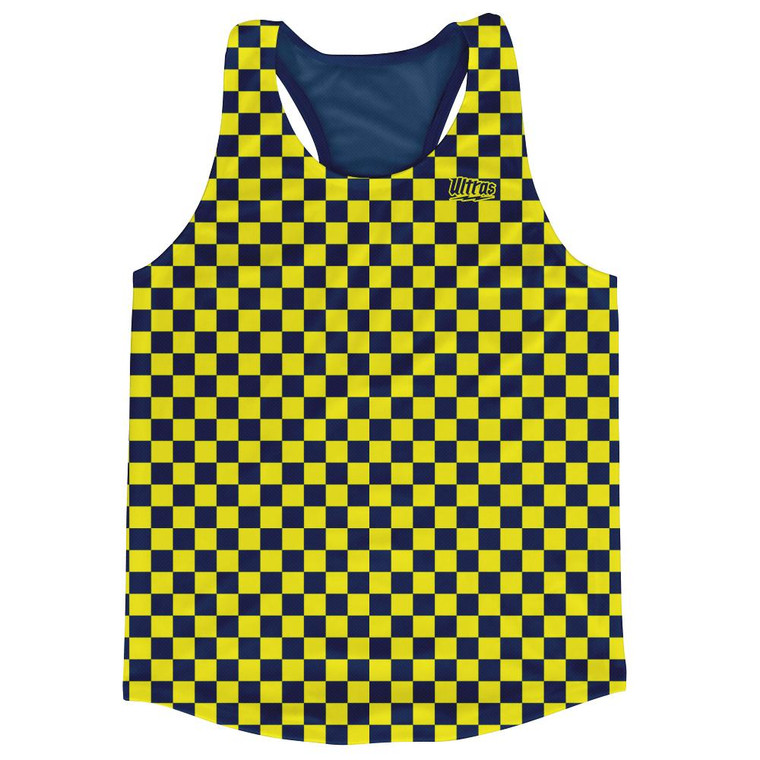 Navy & Yellow Lemon Micro Checkerboard Running Tank Top Racerback Track and Cross Country Singlet Jersey Made In USA - Navy & Yellow Lemon