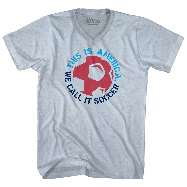 This Is America We Call It Soccer Adult Tri-Blend V-neck T-shirt - Athletic White