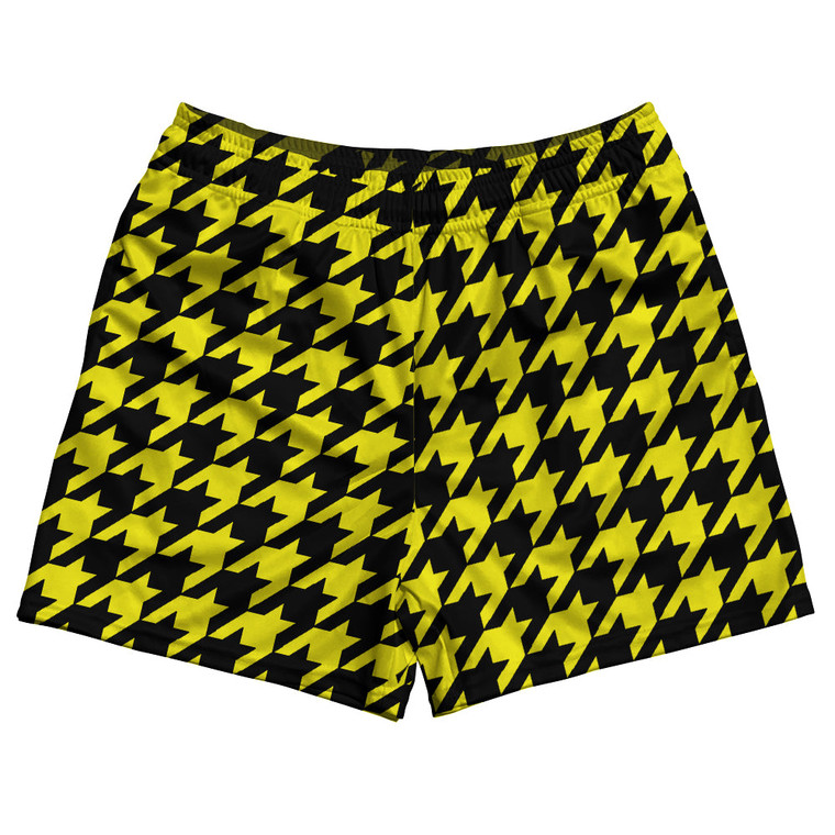 Yellow Bright And Black Houndstooth Rugby Gym Short 5 Inch Inseam With Pockets Made In USA