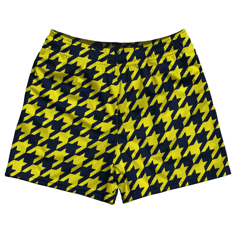 Blue Navy And Yellow Bright Houndstooth Rugby Gym Short 5 Inch Inseam With Pockets Made In USA