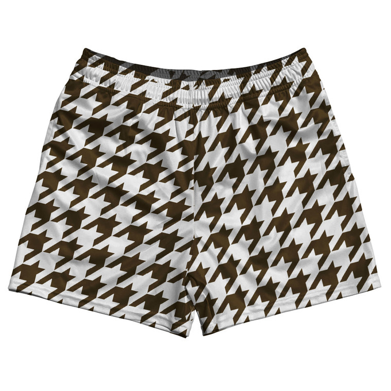 Brown Dark And White Houndstooth Rugby Gym Short 5 Inch Inseam With Pockets Made In USA