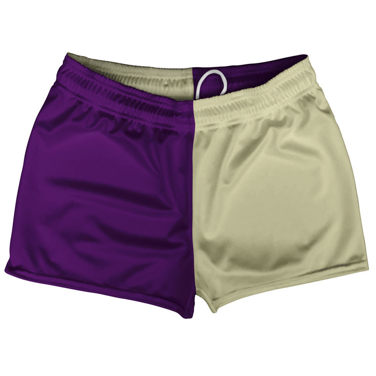 Purple Medium And Vegas Gold Quad Color Shorty Short Gym Shorts 2.5" Inseam Made In USA