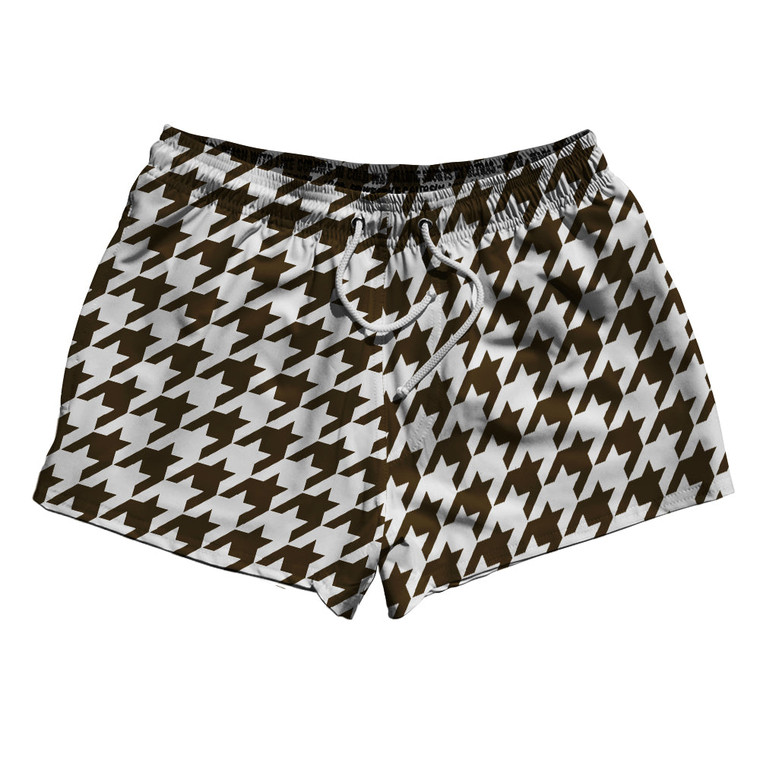 Brown Dark And White Houndstooth 2.5" Swim Shorts Made In USA
