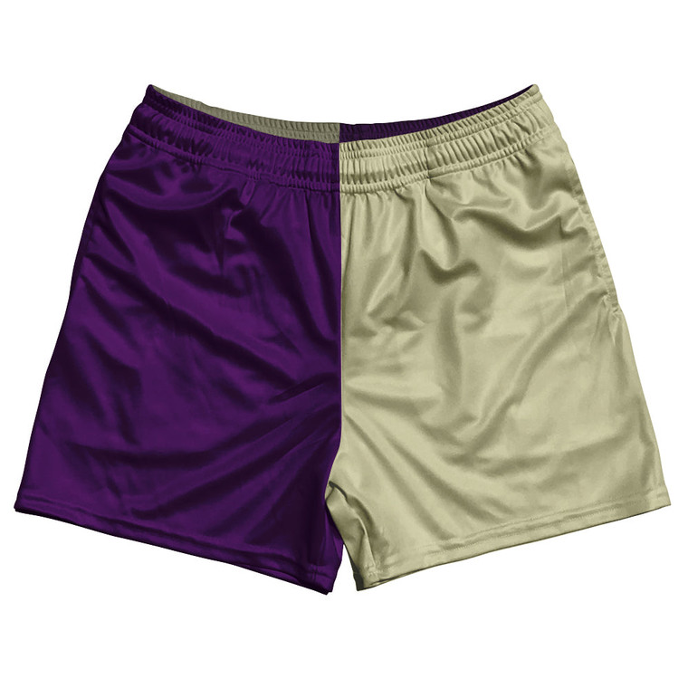 Purple Medium And Vegas Gold Quad Color Rugby Gym Short 5 Inch Inseam With Pockets Made In USA