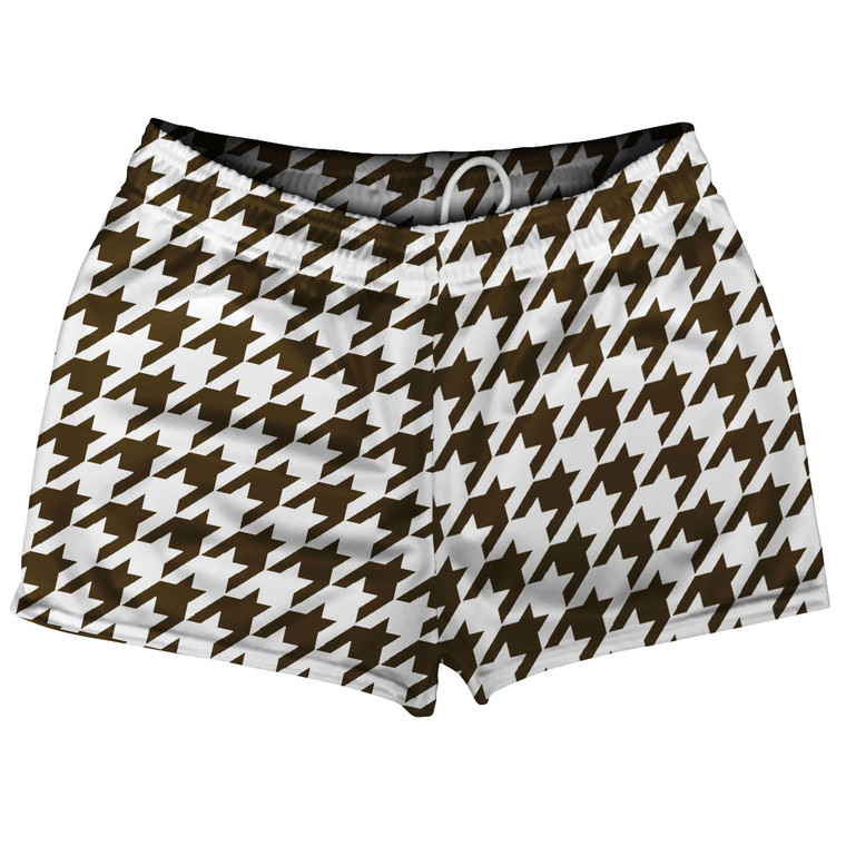 Brown Dark And White Houndstooth Shorty Short Gym Shorts 2.5" Inseam Made In USA