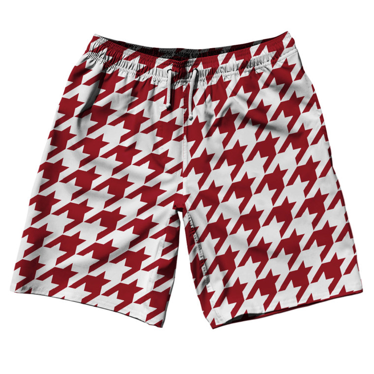 Red Cardinal And White Houndstooth 10" Swim Shorts Made In USA