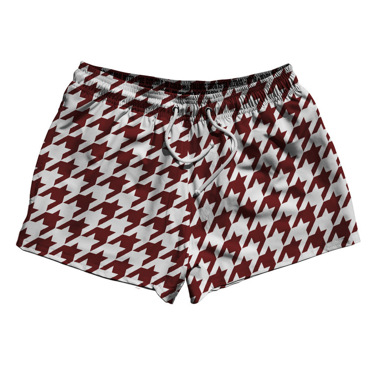 Red Maroon And White Houndstooth 2.5" Swim Shorts Made In USA