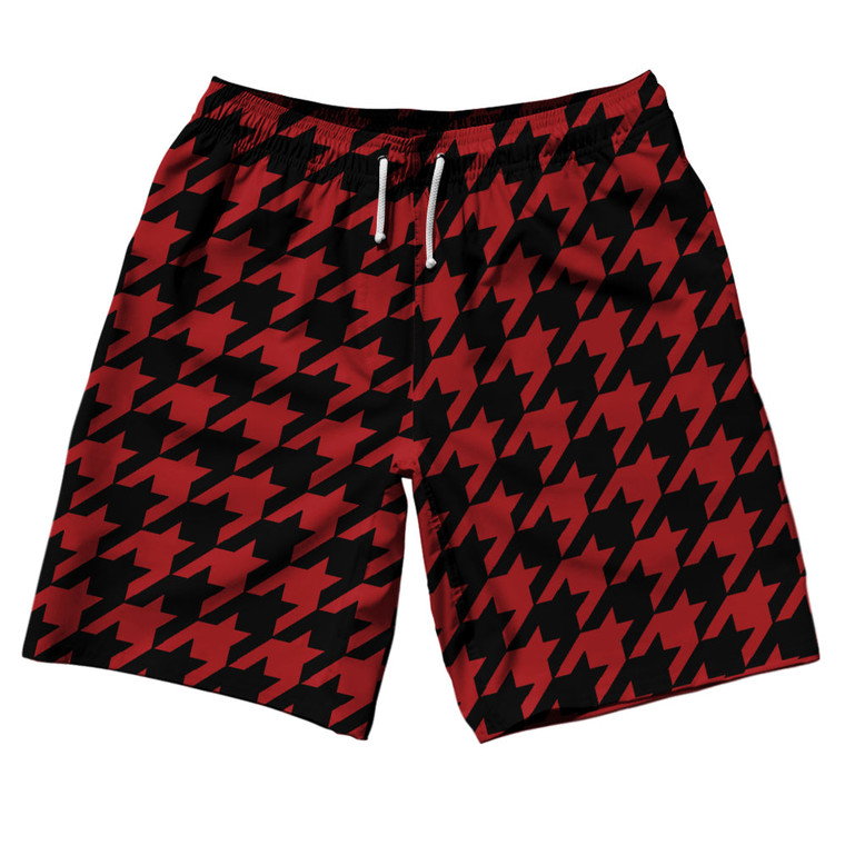 Red Dark And Black Houndstooth 10" Swim Shorts Made In USA