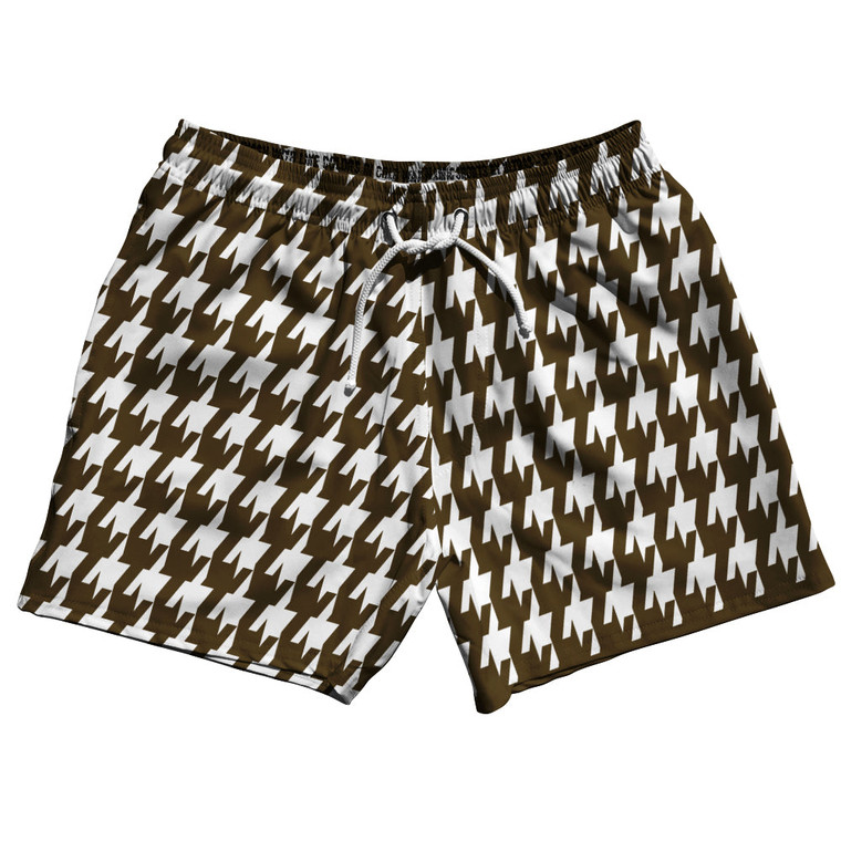 Brown Dark And White Houndstooth 5" Swim Shorts Made In USA