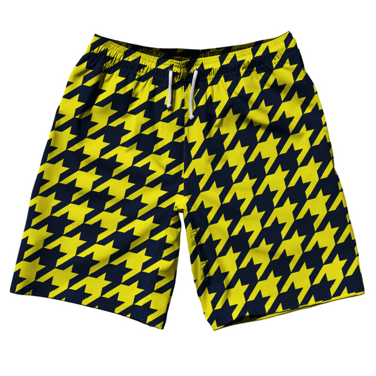 Blue Navy And Yellow Bright Houndstooth 10" Swim Shorts Made In USA