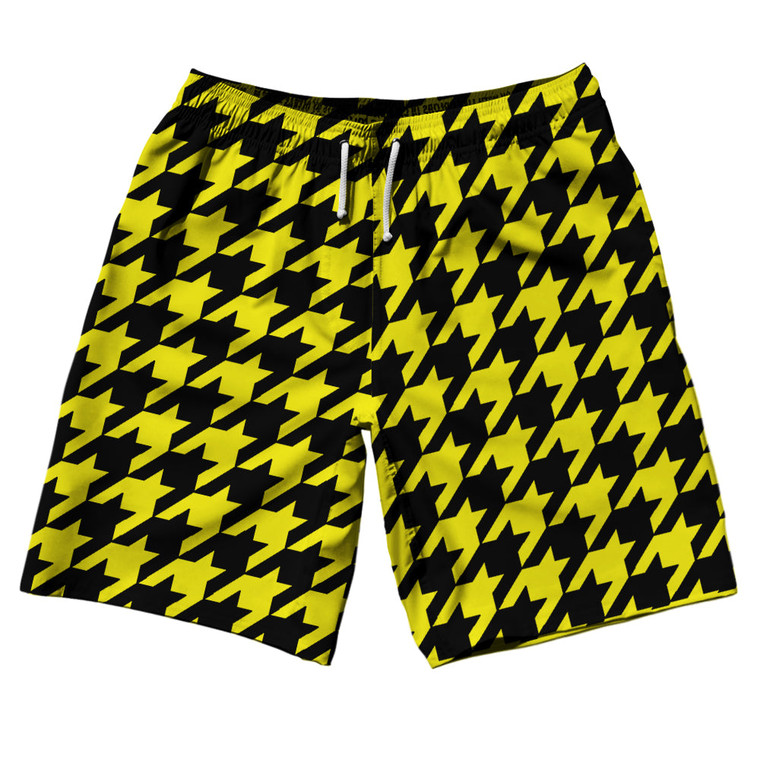 Yellow Bright And Black Houndstooth 10" Swim Shorts Made In USA