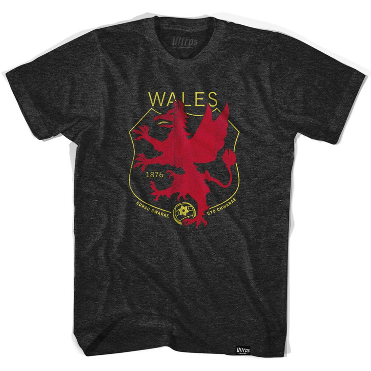 Wales Dragon Crest Soccer Adult Tri-Blend T-shirt - Black