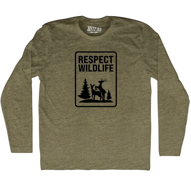 Respect Wildlife Sign Adult Tri-Blend Long Sleeve T-shirt - Military Green