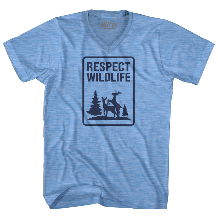 Respect Wildlife Sign Adult Tri-Blend V-neck T-shirt - Athletic Blue