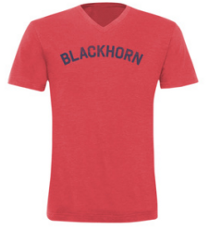 V-Neck- Blackhorn- Heather Red- Adult  LARGE T-shirt- Final Sale Z4