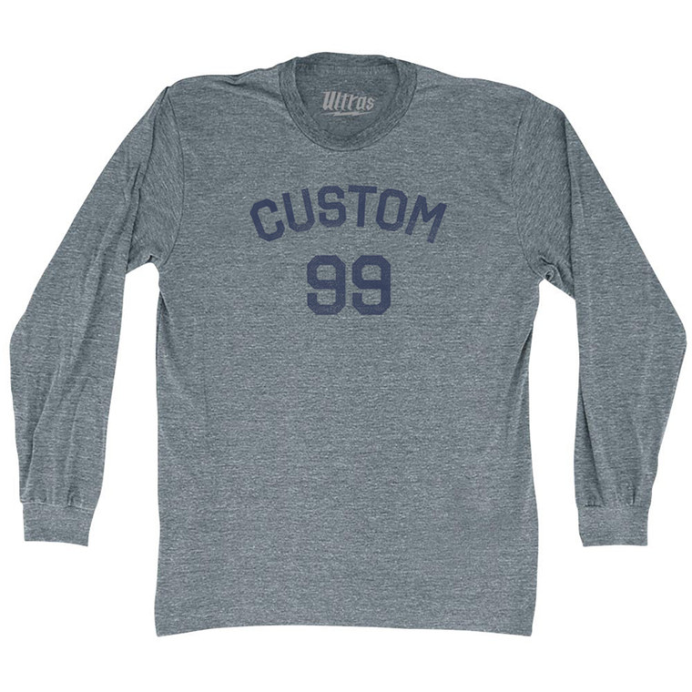 Custom Text Over Custom Number Adult Tri-Blend Long Sleeve T-shirt - Athletic Grey