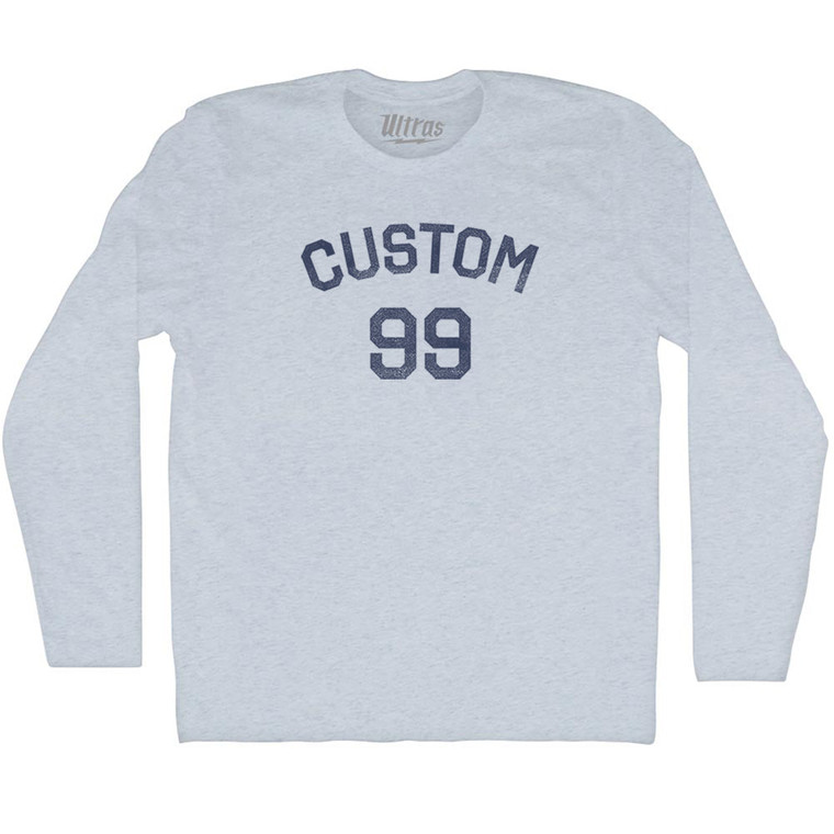 Custom Text Over Custom Number Adult Tri-Blend Long Sleeve T-shirt - Athletic White
