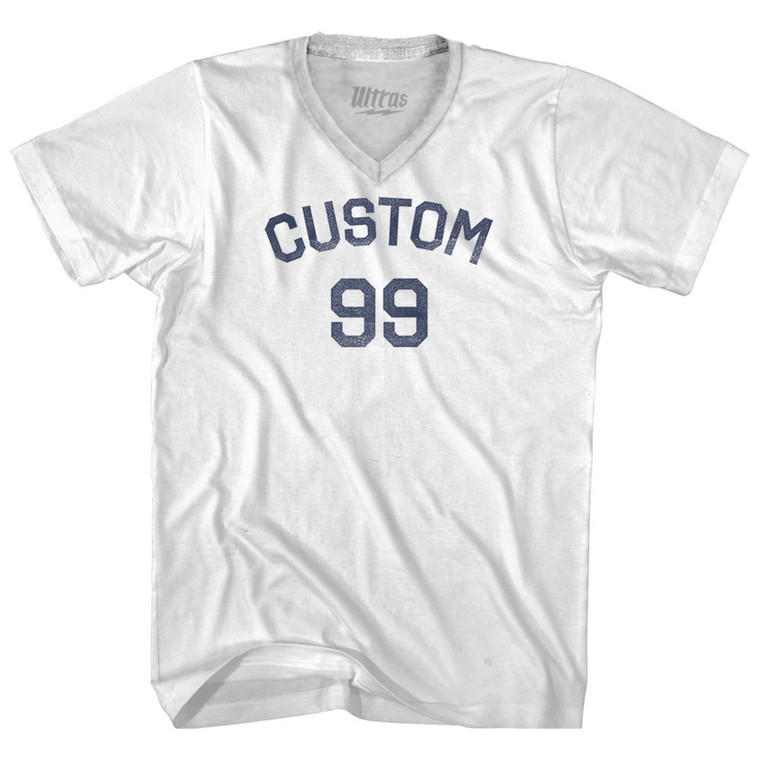 Custom Text Over Custom Number Adult Tri-Blend V-neck T-shirt - White