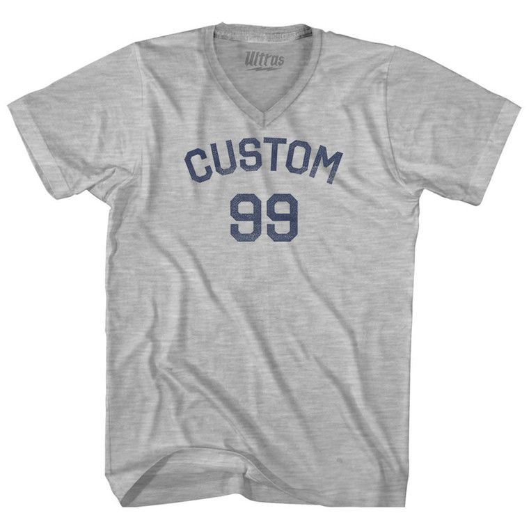 Custom Text Over Custom Number Adult Cotton V-neck T-shirt - Grey Heather