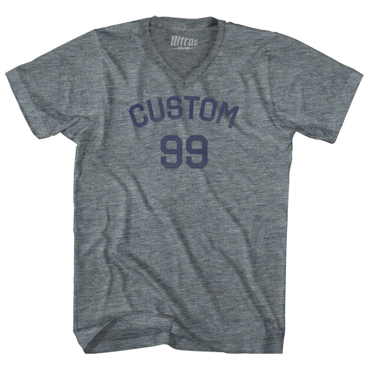 Custom Text Over Custom Number Tri-Blend V-neck Womens Junior Cut T-shirt - Athletic Grey
