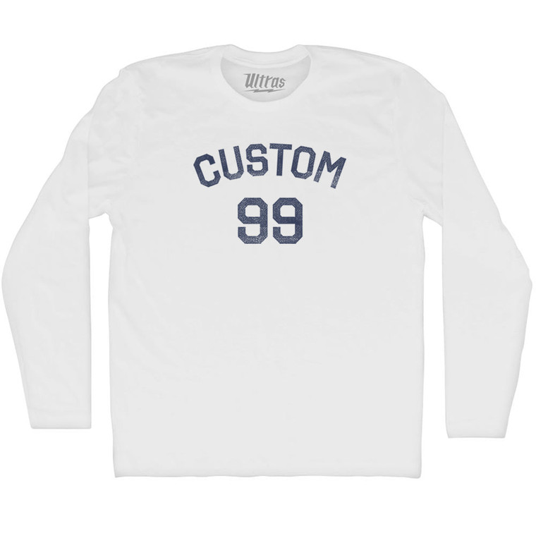 Custom Text Over Custom Number Adult Cotton Long Sleeve T-shirt - White