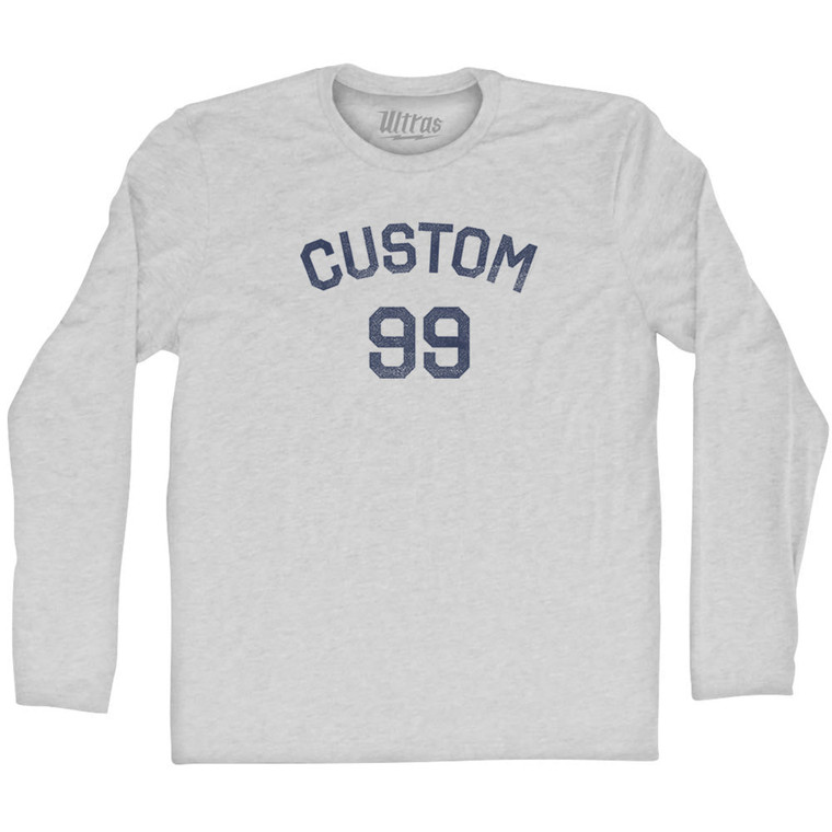 Custom Text Over Custom Number Adult Cotton Long Sleeve T-shirt - Grey Heather