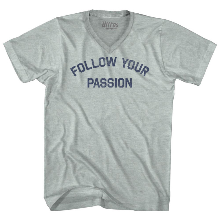 Follow Your Passion Adult Tri-Blend V-neck T-shirt - Athletic Cool Grey