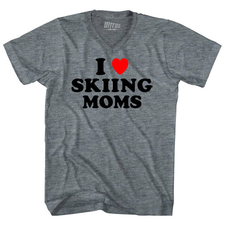 I Love Skiing Moms Adult Tri-Blend V-neck T-shirt - Athletic Grey