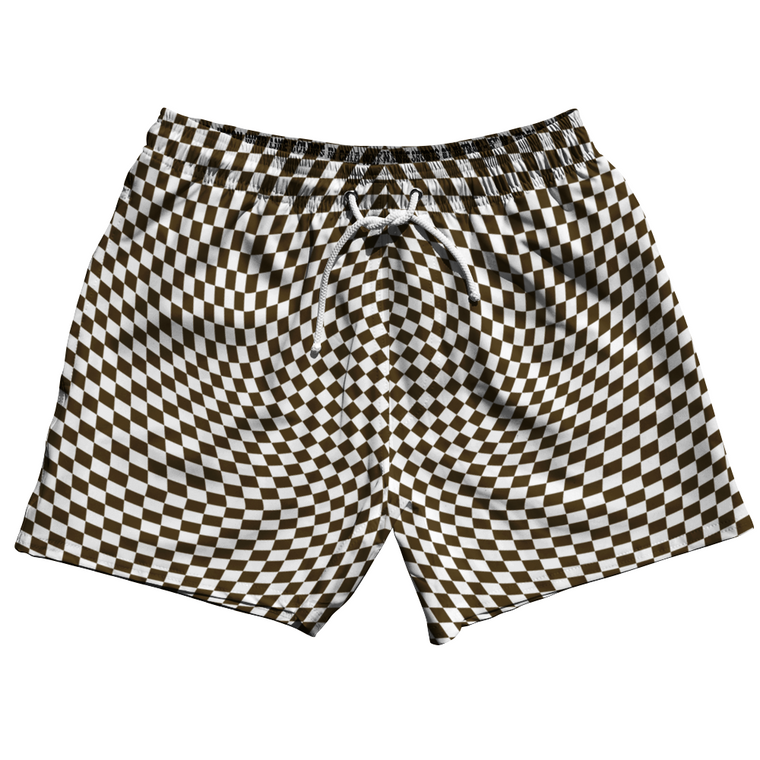 Warped Checkerboard 5" Swim Shorts Made in USA - Brown Dark And White