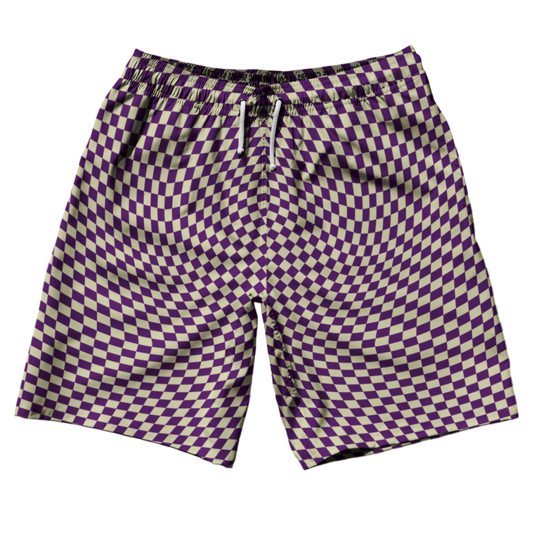 Warped Checkerboard 10" Swim Shorts Made in USA - Purple Medium And Vegas Gold
