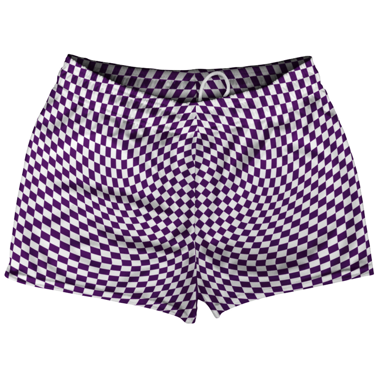 Warped Checkerboard Shorty Short Gym Shorts 2.5" Inseam Made In USA - Purple Medium And White