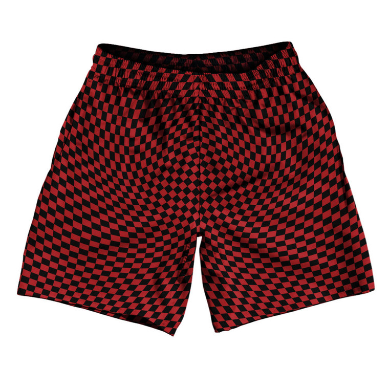 Warped Checkerboard Athletic Running Fitness Exercise Shorts 7" Inseam Shorts Made In USA - Red Dark And Black